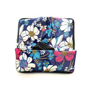 Open floral tote bag showing black interior mesh pocket and lining