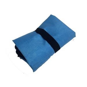 Blue foldable tote bag rolled up compactly for easy storage and carry