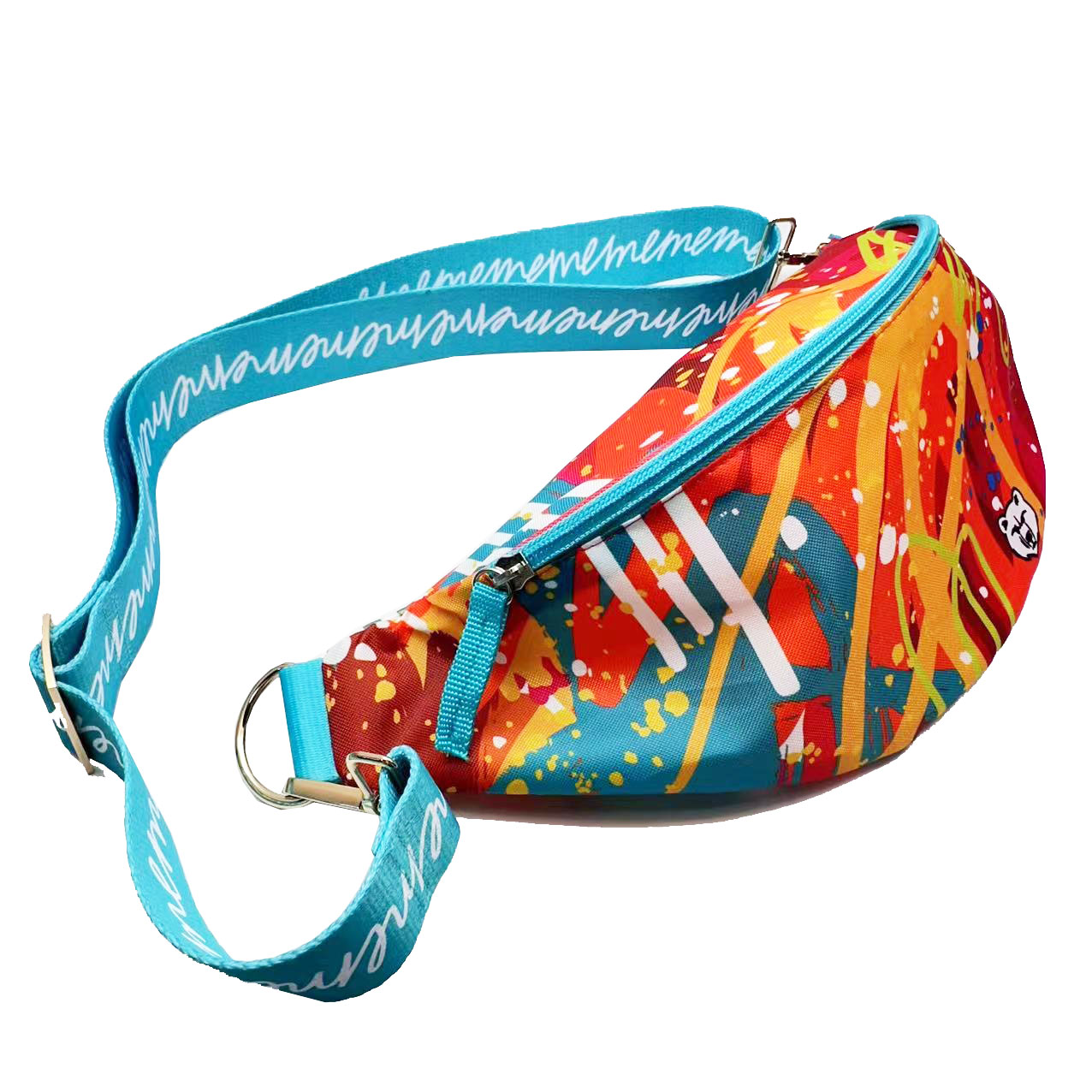 Graffiti art waist pouch angled view showing zipper and metal hardware