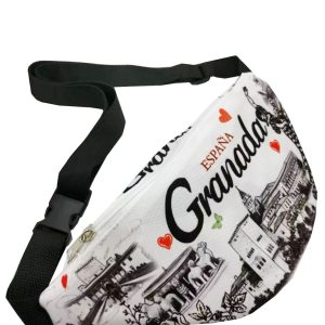 Granada sketch art waist bag with red hearts and black strap