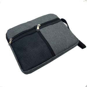 Gray woven fabric tablet pouch angled front view with mesh storage