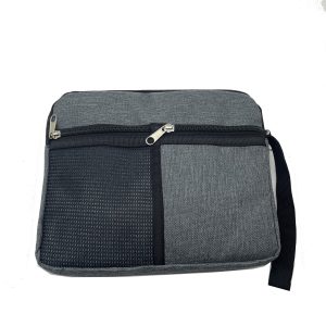 Gray dragon fabric portable zipper pouch front view with mesh pocket