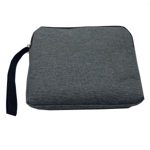 Gray heather fabric portable bag back view with black wrist strap