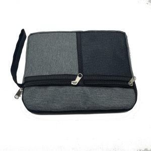 Gray oxford pouch back view showing top zipper and wrist strap attachment