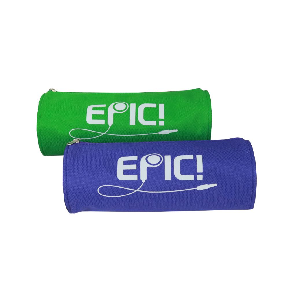 Green and blue cylindrical pencil cases with EPIC logo screen printing