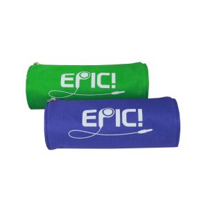 Green and blue cylindrical pencil cases with EPIC logo screen printing