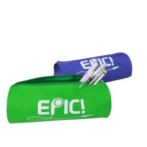 Green cylindrical pen pouch open showing pens and blue pouch in background