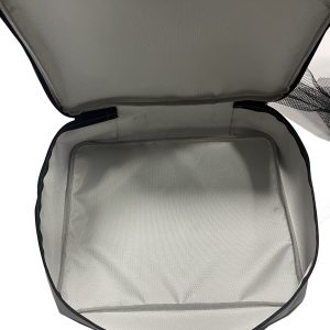 Protective light grey inner lining of zippered briefcase bag