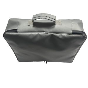 Grey zippered storage bag top handle and opening detail