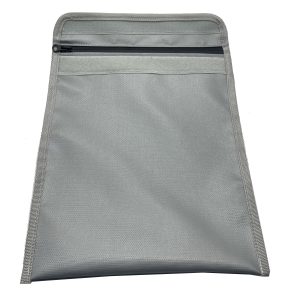 Grey carry pouch showing internal black zipper pocket detail