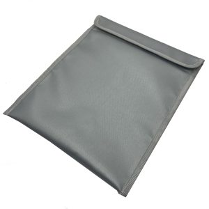 Grey Oxford fabric flat laptop sleeve angled view with edging