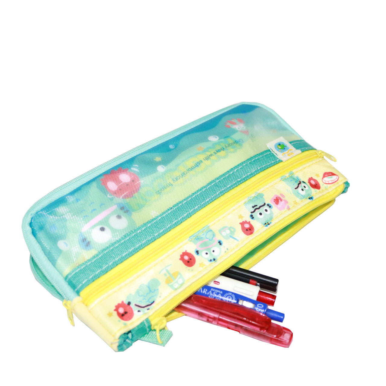 Hangyodon mesh pencil case filled with pens, angled view showing yellow and mint green colors
