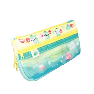 Translucent mesh pencil case angled view with cartoon print and yellow zippers