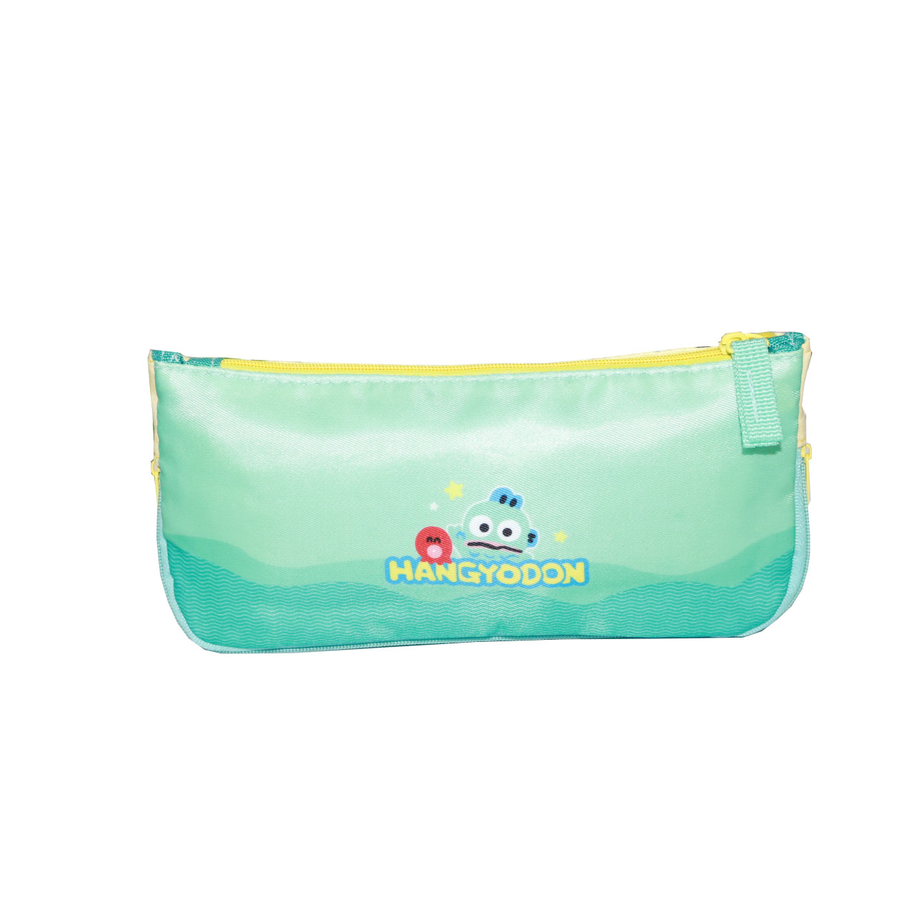 Mint green back view of Hangyodon pencil case with character logo print and side loop