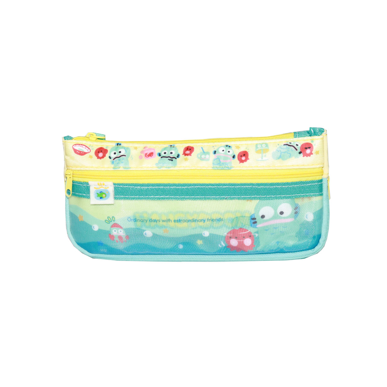 Hangyodon cartoon mesh pencil case front view with dual zippers and label tag