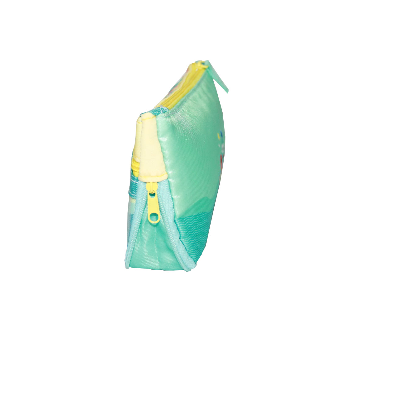 Side view of Hangyodon mesh zipper pouch showing yellow pull tab and mint green binding