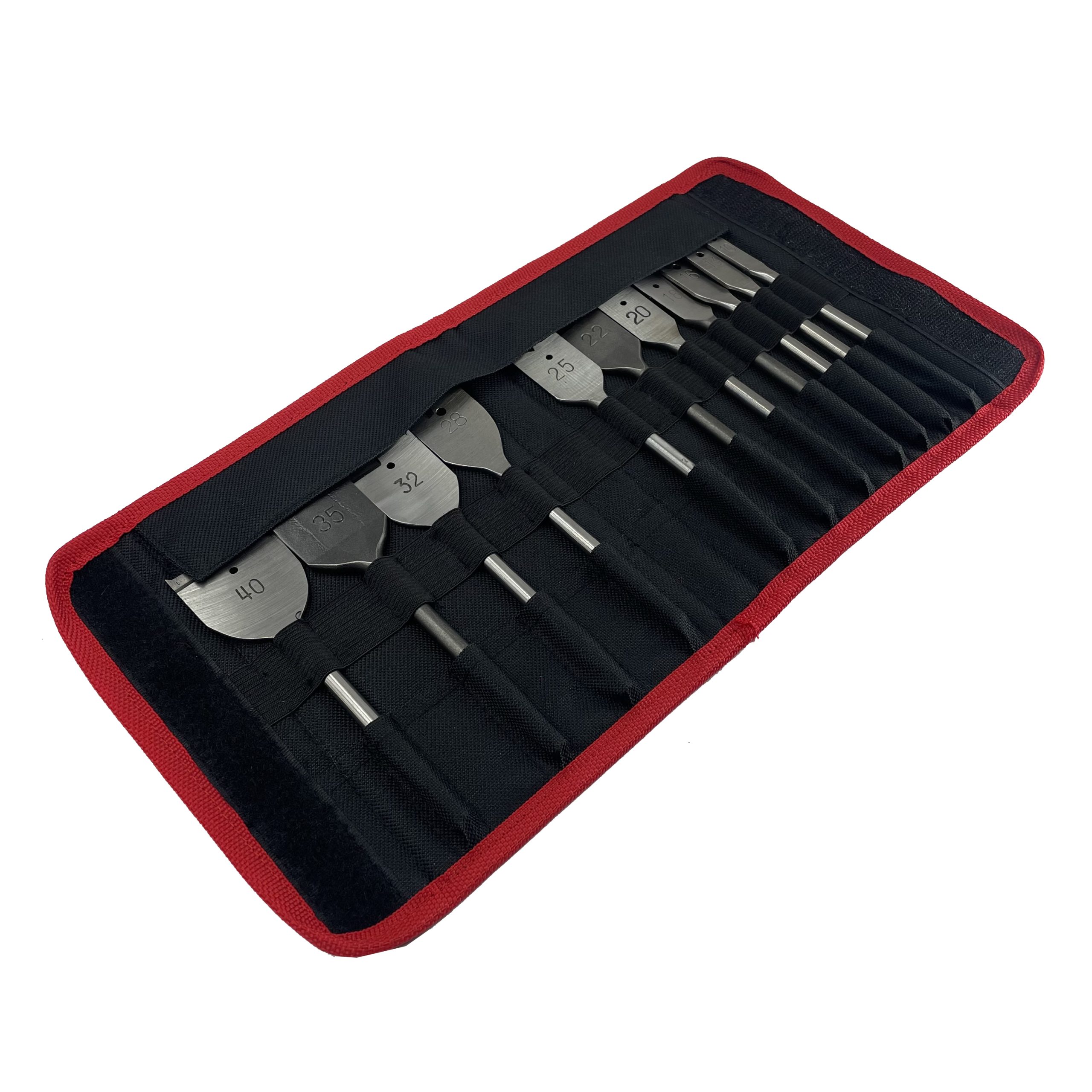 Red and black heavy-duty canvas tool organizer angled view for hardware promotions