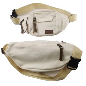 Stack of heavyweight canvas multi-pocket waist bags with leather details