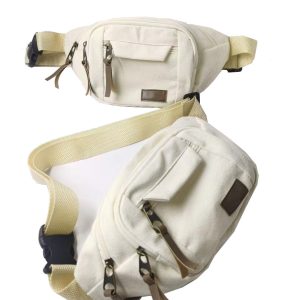 Front and back view of heavyweight canvas waist bag highlighting multi-pocket design