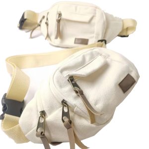 Top angled view of heavyweight canvas fanny pack with leather pull tabs