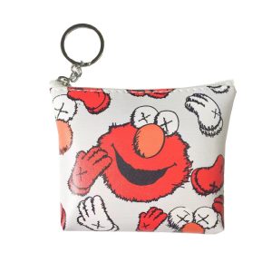 White PU leather coin purse with red KAWS style Elmo pattern and metal keyring