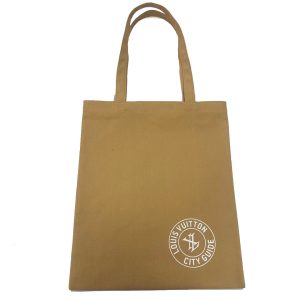 Khaki canvas tote bag with white circular city guide logo print