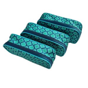 Stack of large capacity zippered pencil pouches with blue geometric print