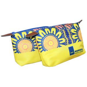 Zipper pouch set with brown leather side pull tabs and blue zipper tape
