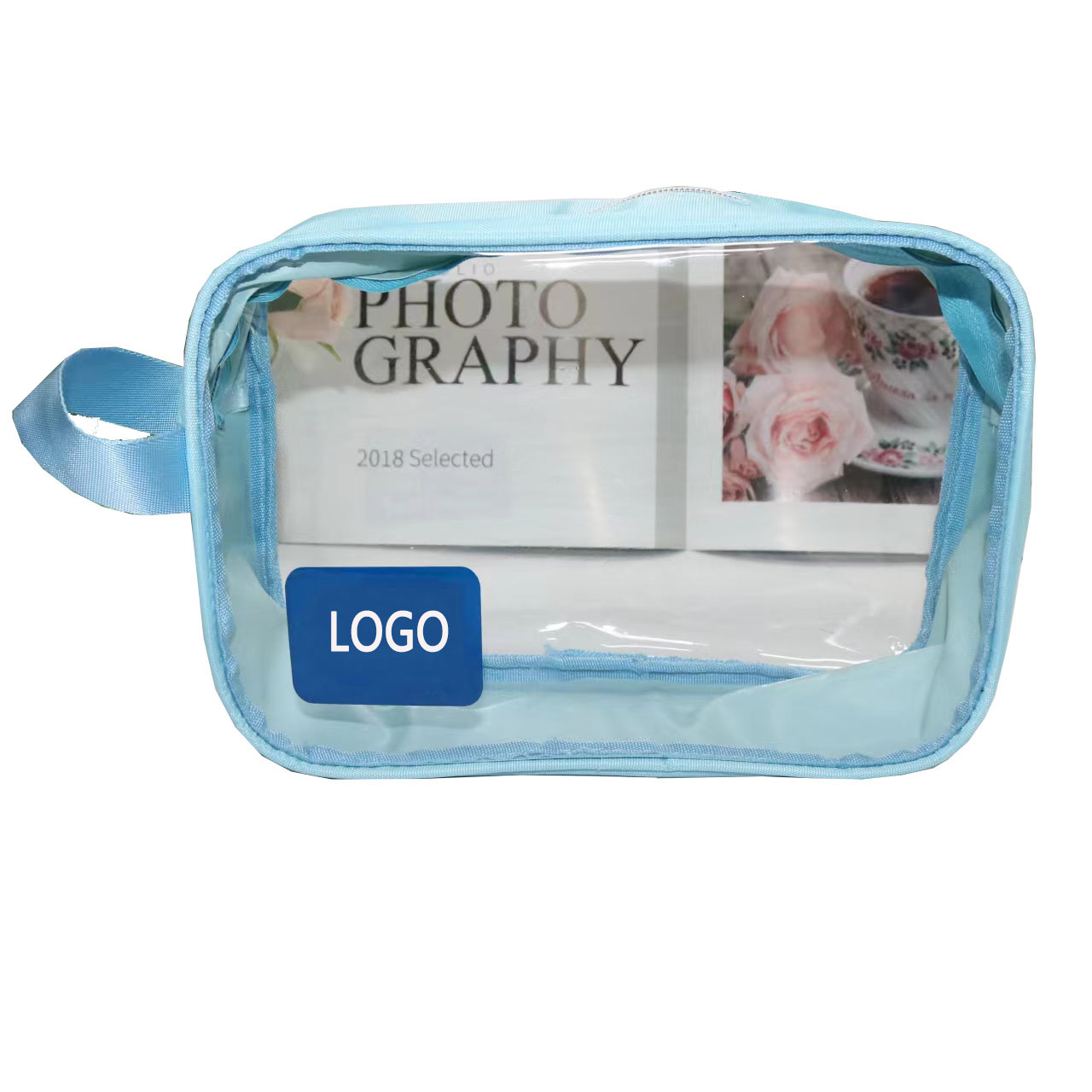 Light blue PVC zipper pouch with transparent front window