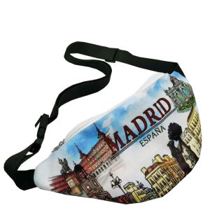 Madrid cityscape print waist bag angled view with black strap