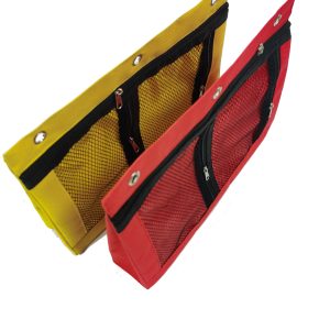 Yellow and red 3-ring mesh binder pouches with deep bottom and metal grommets
