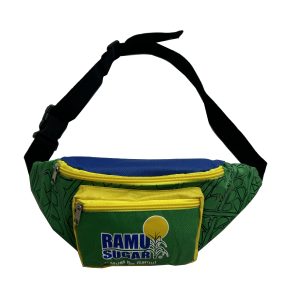 Three-tone waist bag front view with front zipper pocket and logo print