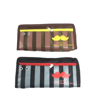 Brown and black striped mustache pencil cases with metal grommets and front zippers