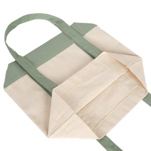 Open natural canvas tote bag showing inner structure and gusseted sides