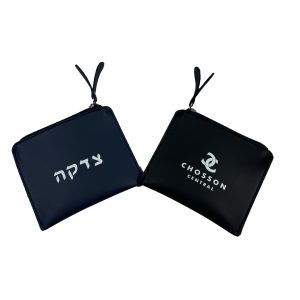 Navy blue and black PU leather zipper pouches with custom white logo prints