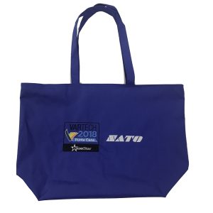 Navy blue custom tote bag with embroidered VARTECH 2018 patch and MATO logo print