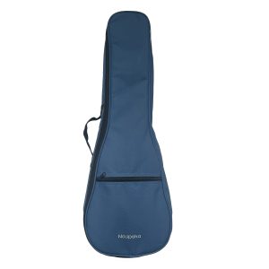 Navy blue ukulele gig bag front view with Naupaka logo and zipper pocket
