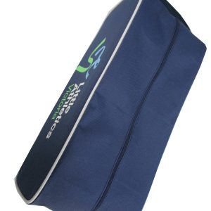 Angled view of navy gym shoe bag with white piping and side handle