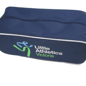 Navy sports shoe bag with white piping and Little Athletics Victoria logo