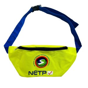 Neon yellow fanny pack front view with circular party logo and blue strap