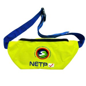 Neon yellow NETP branded waist bag front view with blue strap and black zipper