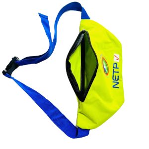 Open neon yellow waist bag side view showing inner lining and blue strap buckle