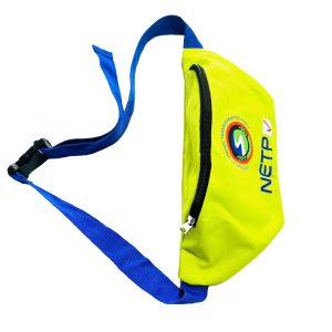 Side view of neon yellow waist bag highlighting black zipper and metal pull