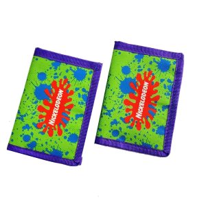 Green splash print kids folding wallet with purple binding and Nickelodeon style logo