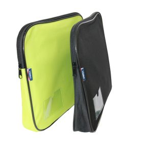 Angled view of nylon zipper storage pouch showing metal zipper pull and side woven tag