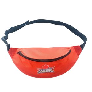 Orange crescent waist bag front view with black curved zipper