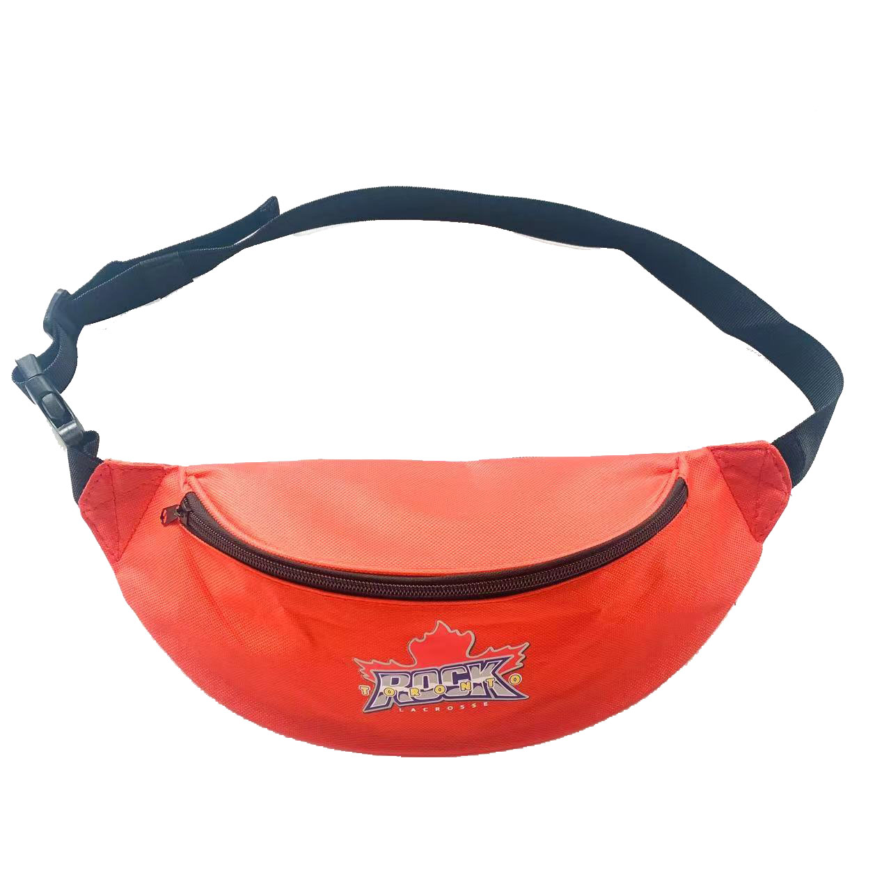 Orange crescent waist bag front view with black curved zipper