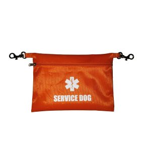 Orange service dog pouch with black swivel hooks and white custom print