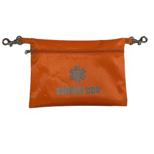Orange service dog zipper pouch with silver swivel snap hooks and grey print