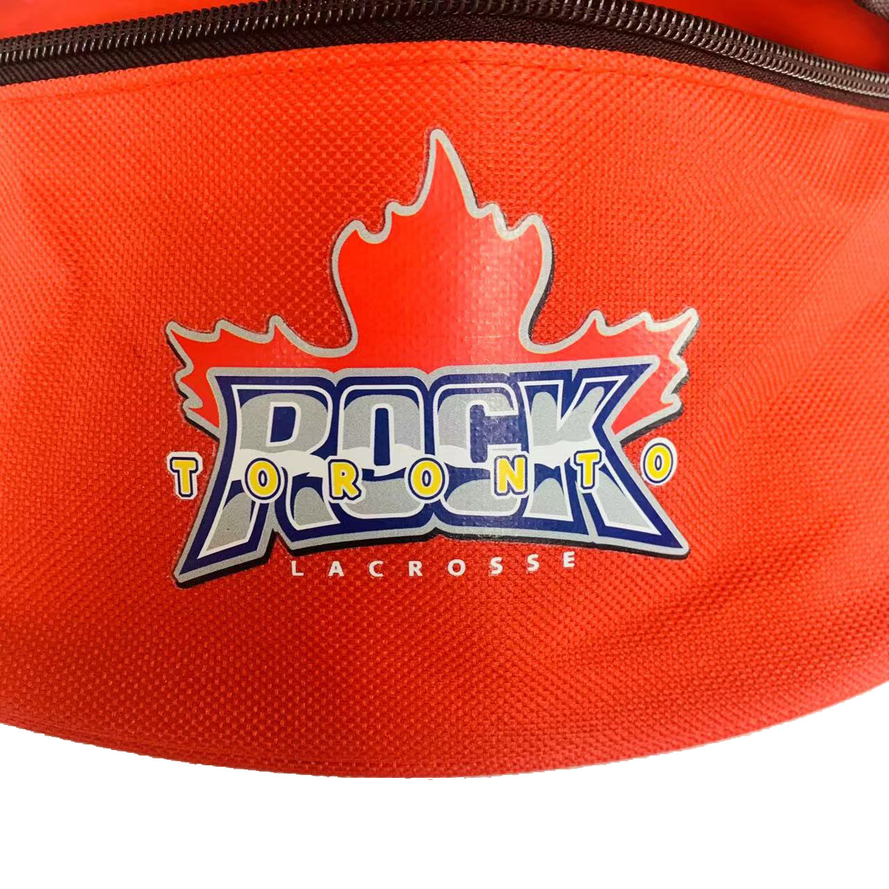 Close-up of custom Toronto Rock Lacrosse logo print on orange waist bag